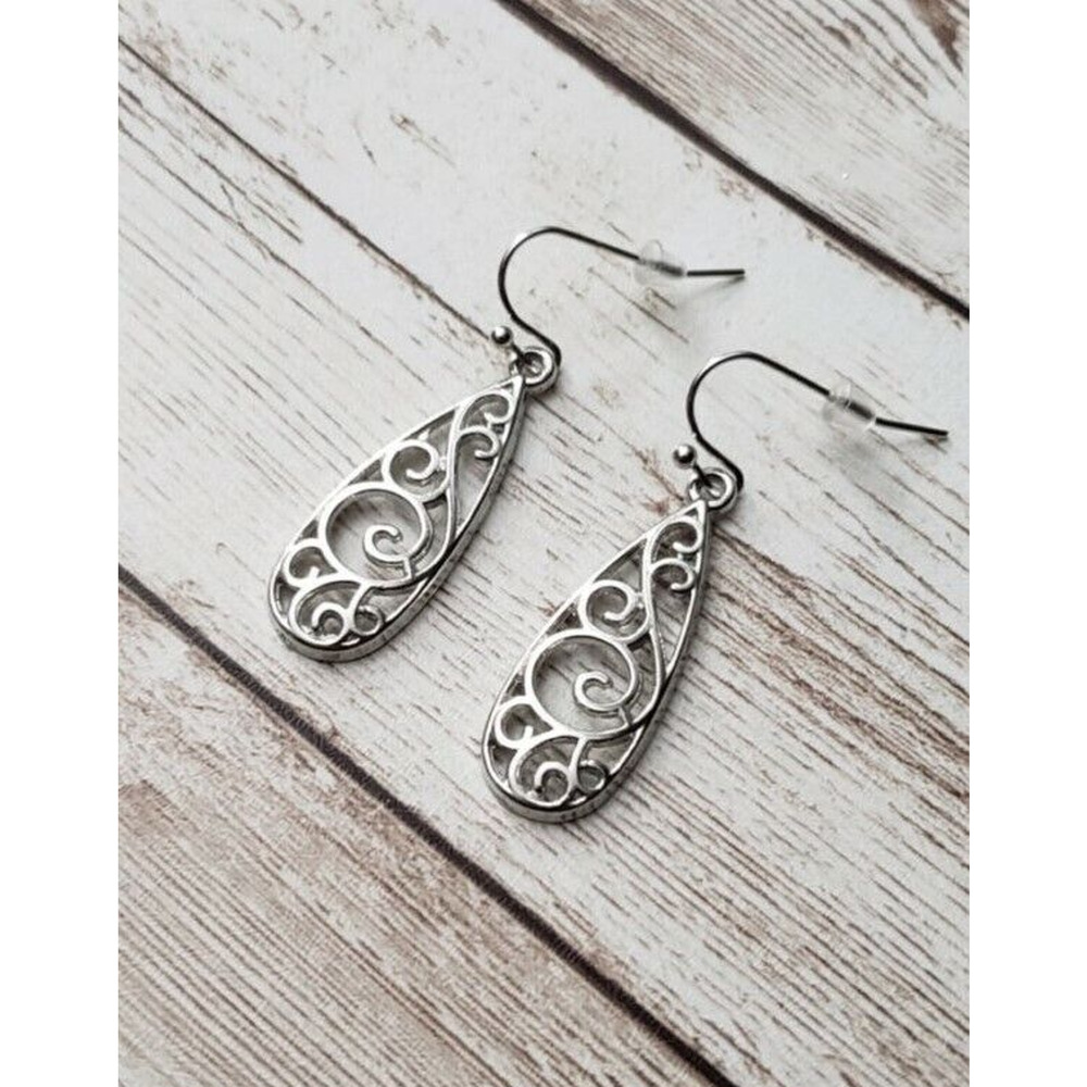 Ornate Tear Drop Shape Dangle Earrings Silver Tone - New
